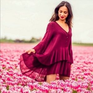 Zara Burgundy Pleated Chiffon Blouse Flowy Tunic Dress Small